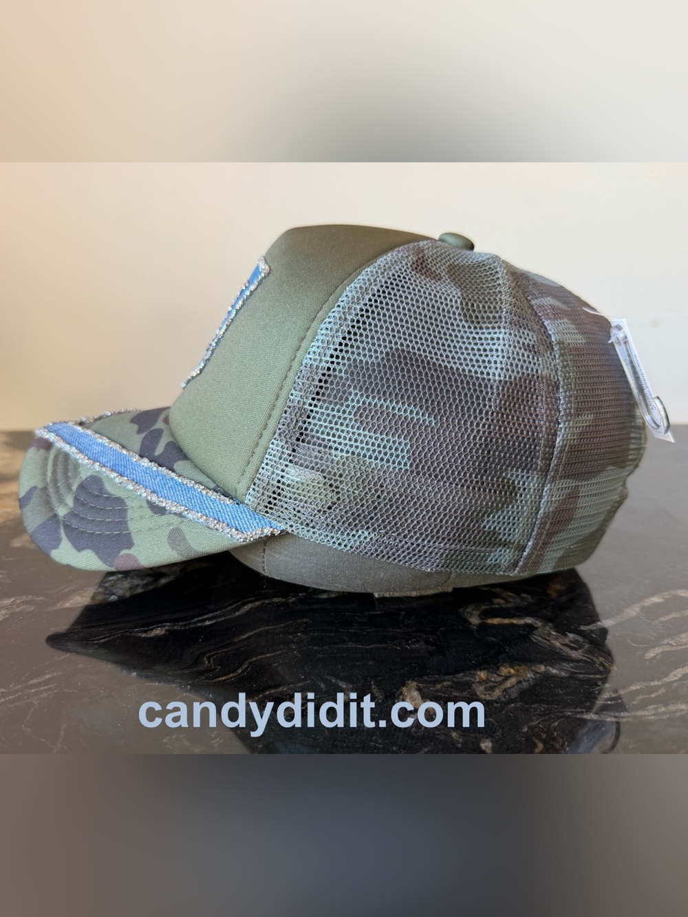 NWT Handmade Olive Green & Camouflage Baseball Cap with Blue Denim Patch - Picture 5 of 9